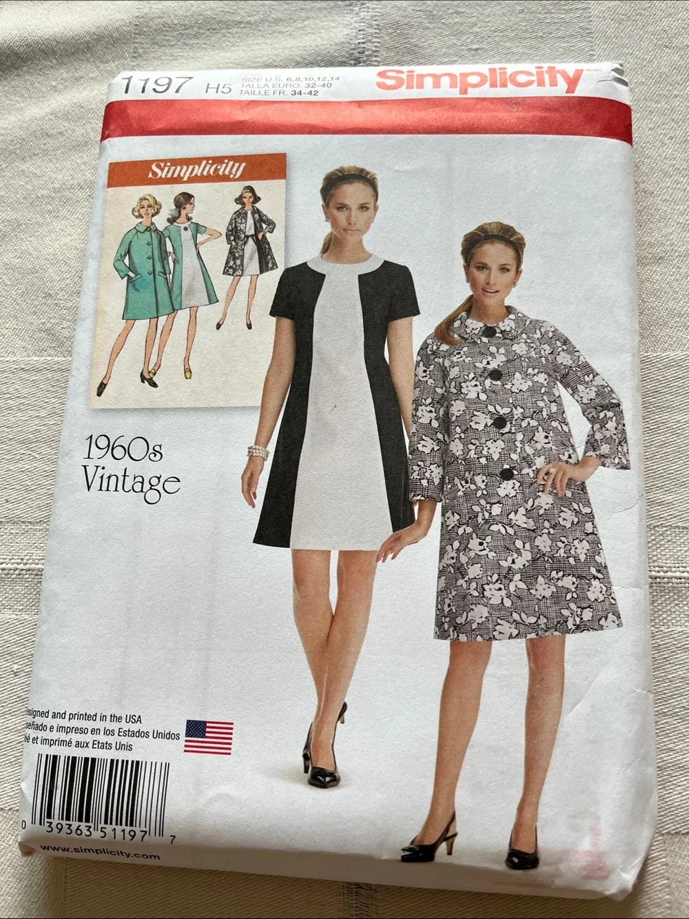 Simplicity 1197. 1960s Fashion Women’s Vintage Dress And Coat Sewing Pattern